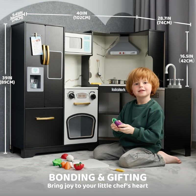 Wooden Corner Play Kitchen Set for Kids – Real Lights & Sounds, Double-Door Fridge, Ice Maker, Stovetop, Oven, Microwave & Accessories – ASTM & CPSIA Safe – Best Birthday Gift for Boys & Girls