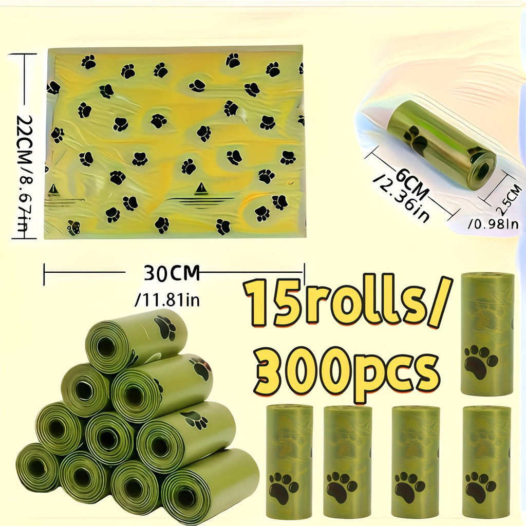 Dog Waste Bags 15 Rolls 300 Count Leak-Proof Odor-Proof - Thick Polyethylene Poop Bags with Cute Paw Print Design for Dogs & Cats, Easy-Tear Rolls, Durable Pet Waste Cleanup Bags for Walks & Outdoor Use