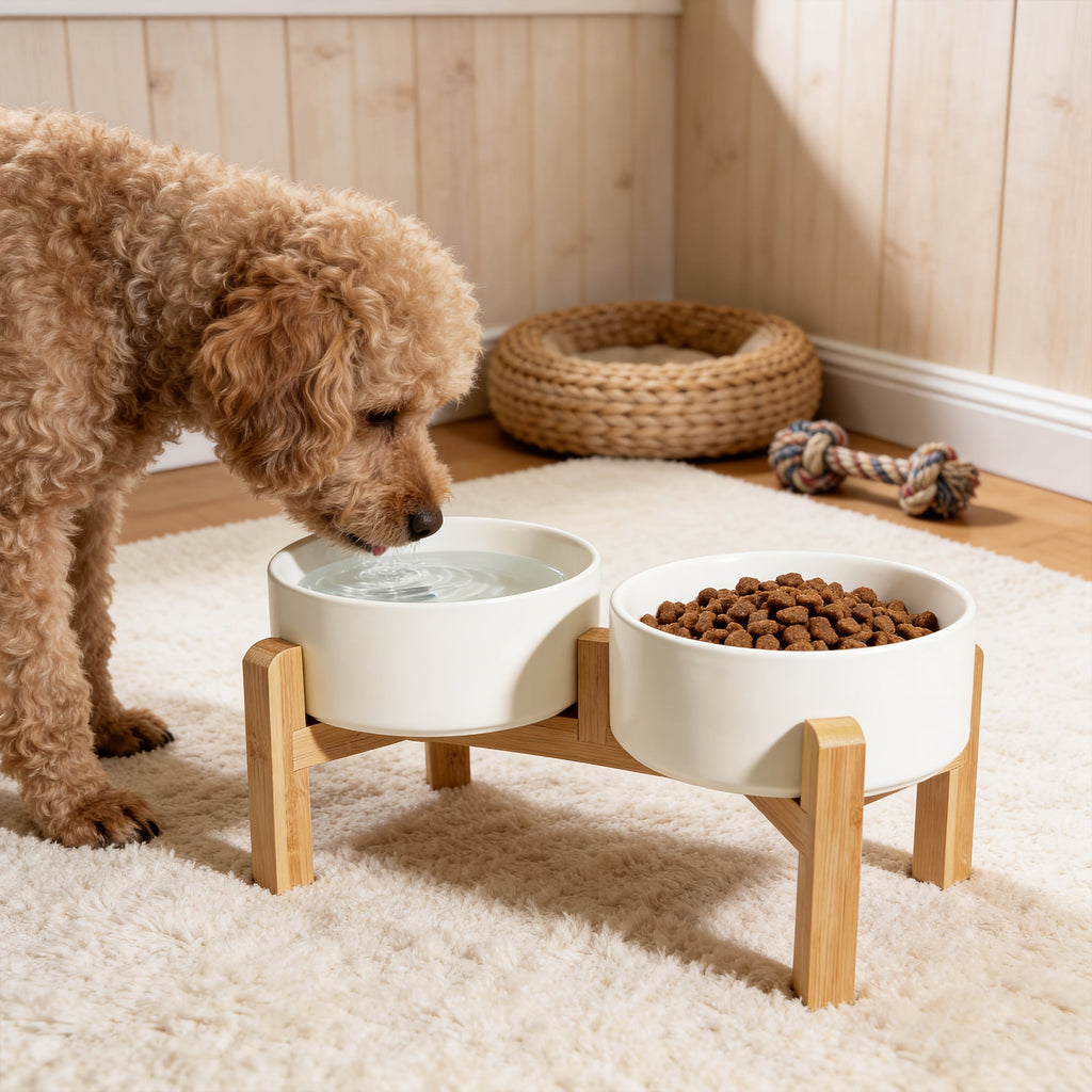 Elevated Ceramic Dog Bowl Set with Bamboo Stand - Raised Double Dog Bowls 28.74oz Non-Slip Feeder for Dogs Cats & Puppies, Adjustable Height Slow Feed Dog Food Bowl with Storage (4 Colors)