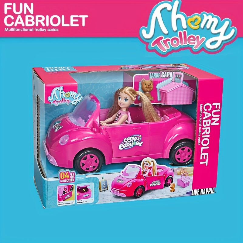 Mini Fashion Doll Convertible Cabriolet Dreamcar Playset with Pet Dog Puppy Dog House Car Model Toy Gift Set for Girls Ages 3+ Imaginative Pretend Play No Batteries