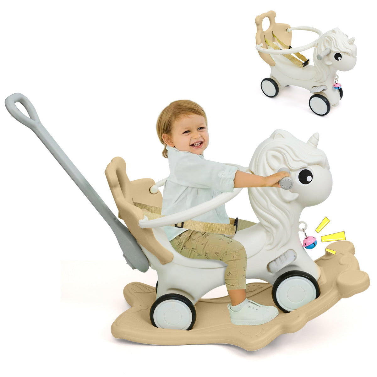 3-in-1 Rocking Horse for Toddlers 12 Months and Up - Balance Bike with Push Handle, Detachable Balance Board, Rocking Toy Ride On for Baby Boys and Girls - Green, Blue, Pink