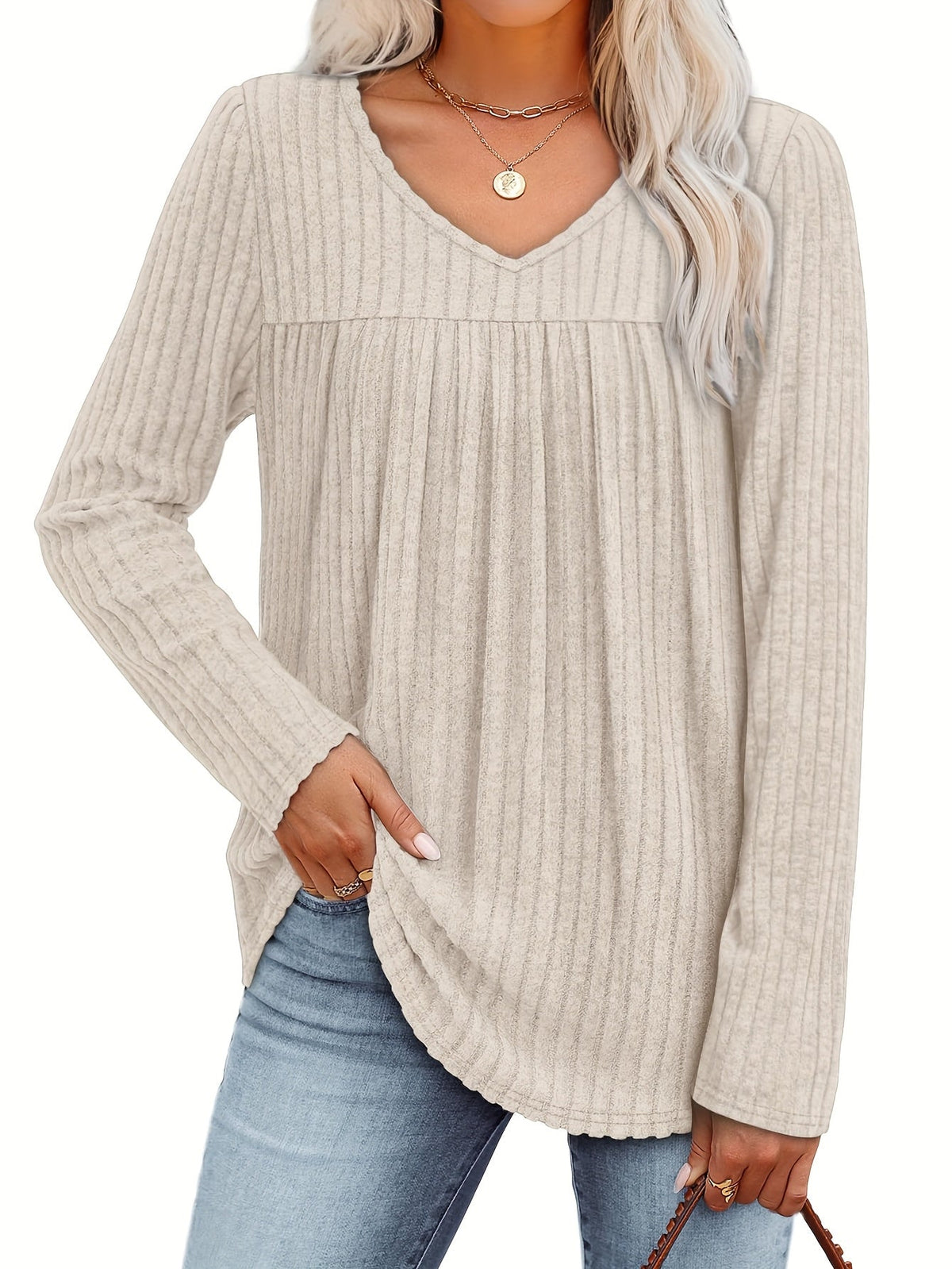 Women's V-Neck Long Sleeve Pullover Top – Lightweight Casual Front Pleat Blouse for Women, Elegant Loose Fit Dressy Shirt, Multiple Colors, Sizes S-XXL