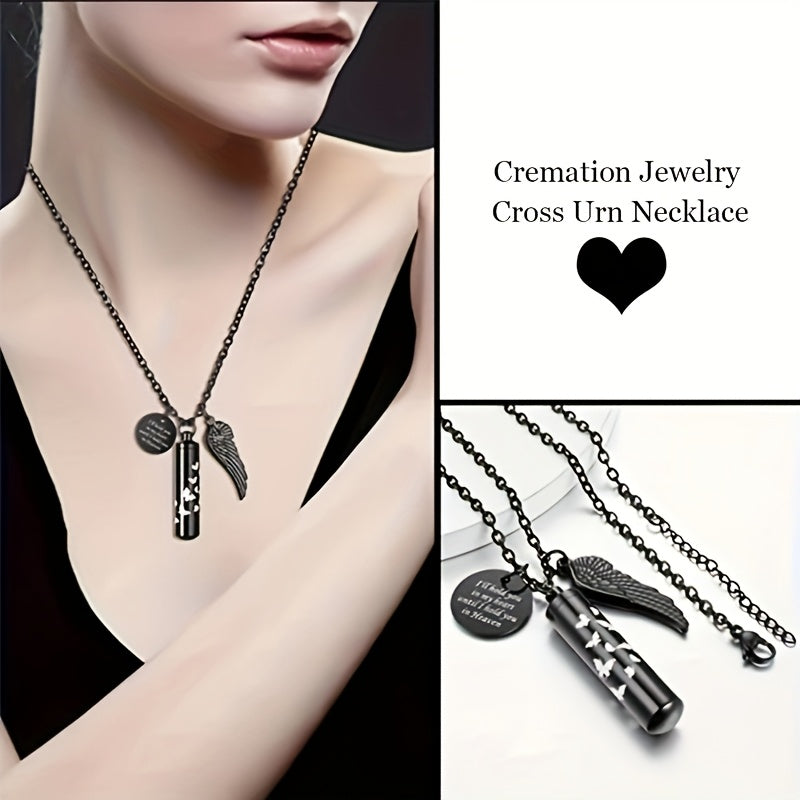 Cylinder Urn Necklace for Ashes - Stainless Steel Butterfly & Angel Wing Memorial Keepsake Pendant for Pet & Human Loss, Cremation Jewelry for Women Men & Loved Ones (Silvery)