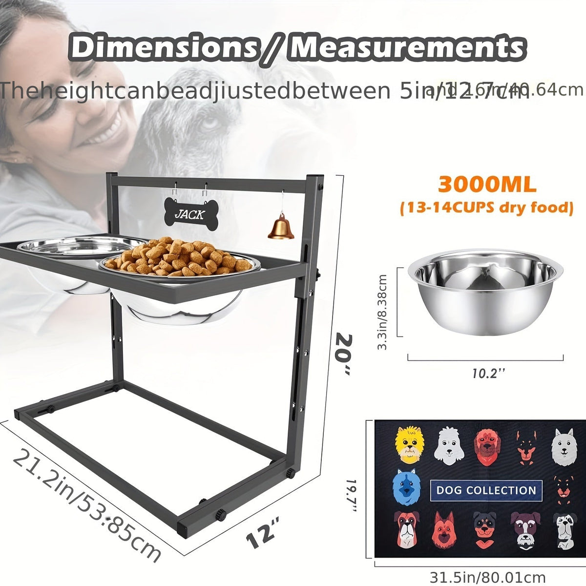 Elevated Dog Bowls for Large Dogs Adjustable Height Raised Dog Bowl Stand with 2 x 3000ML Stainless Steel Bowls Iron Anti-Tip Frame for Extra Large Breeds