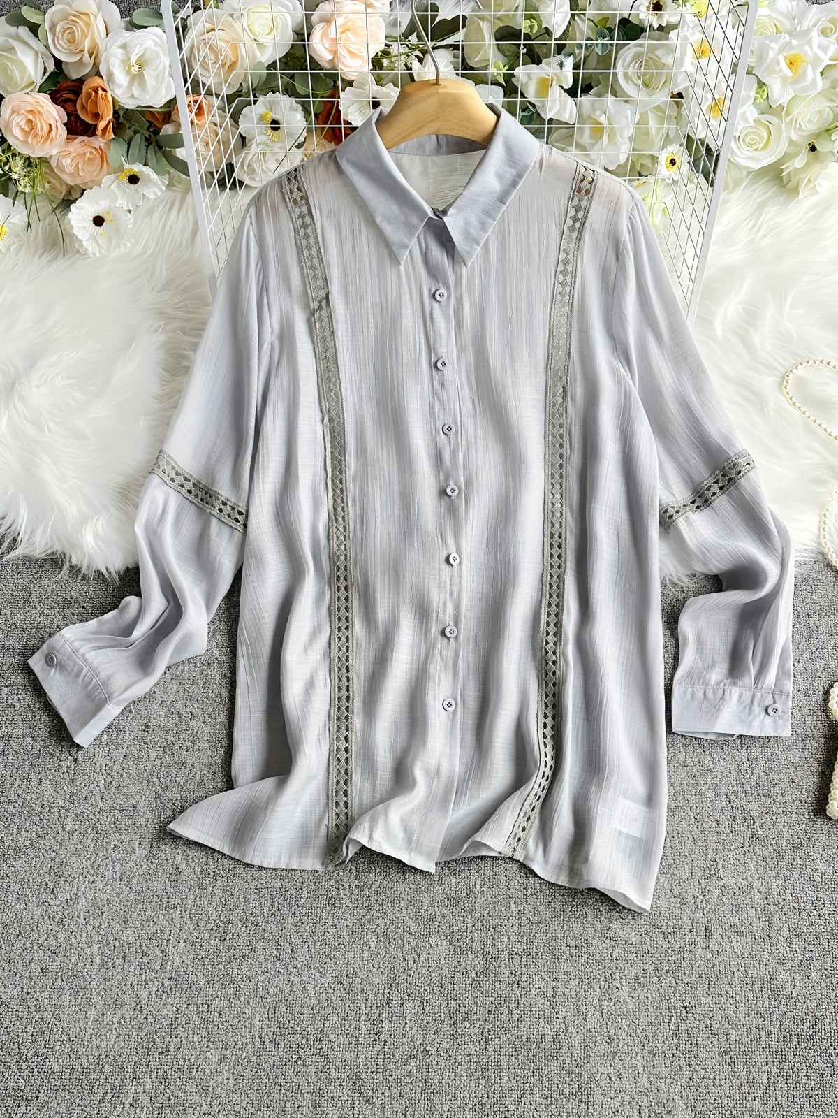 Women's Lace Patchwork Button-Up Long Sleeve Shirt Elegant Semi-Sheer Blouse White XS S M L XL XXL Vacation Date Office Fashion Top