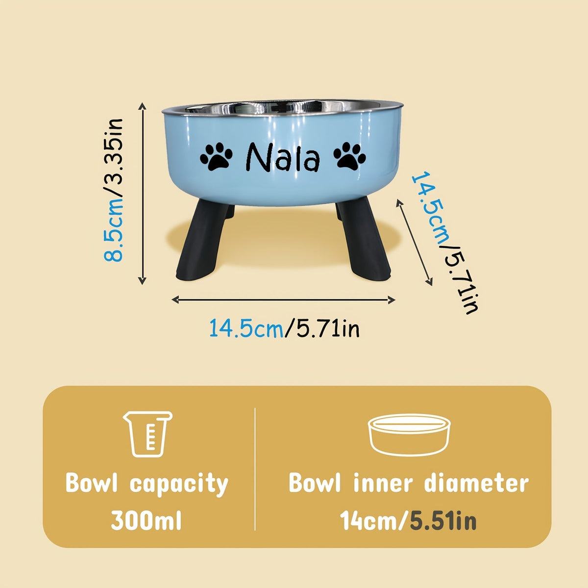 Personalized Stainless Steel Elevated Pet Bowl for Small Dogs – Anti-Slip Raised Feeder with Custom Name & Pattern, Neck Protection Design, Easy Clean Dog Food Water Dish