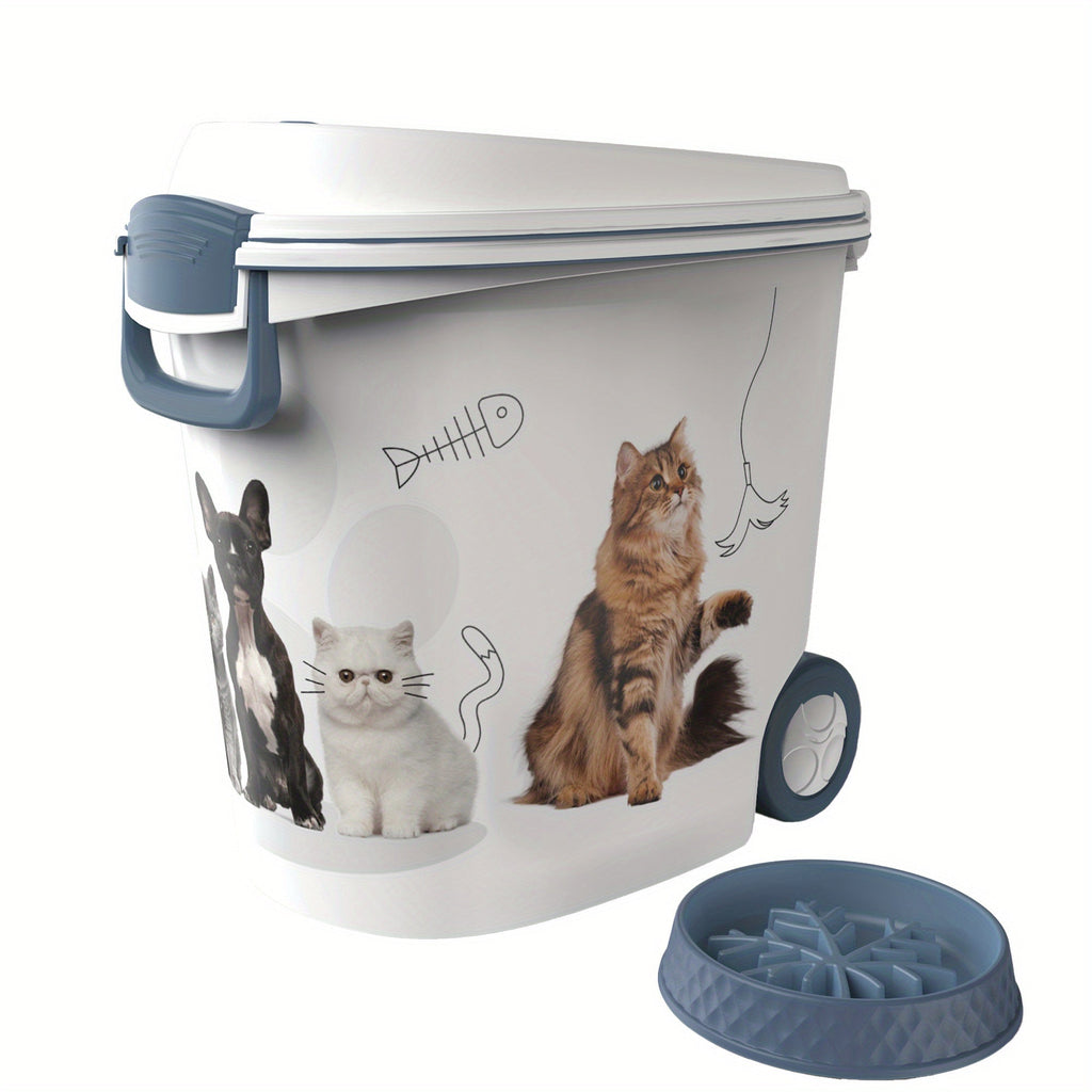 Large 3-Piece Pet Food Storage Container Set with Slow Feeder Bowl & Measuring Spoon – Airtight Moisture-Proof Anti-Insect Dry Food Bin for Cats and Dogs, Aids Digestion
