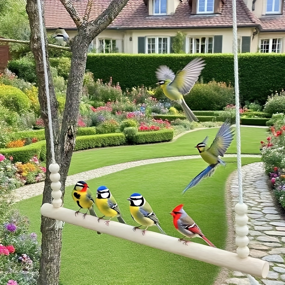 Wooden Chicken Swing Toy Natural Handmade Tangle-Free Bird Stand with Elastic Rope Beads for Chickens Ducks Parrots Poultry Farmhouse Coop Accessory Large Durable