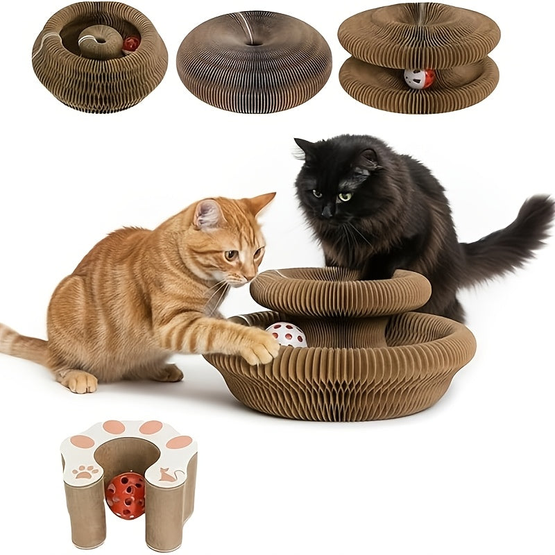 Magic Organ Accordion Cat Scratcher with Bell Ball – Interactive Cardboard Cat Scratch Board Toy, Compact Foldable Corner Design for Indoor Cats, Furniture Protector, 2 Styles