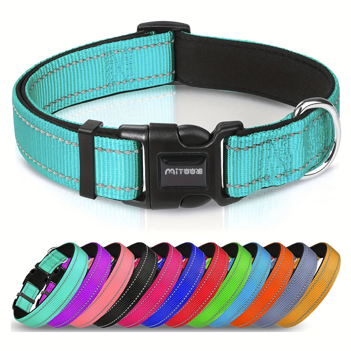 Reflective Dog Collar with Quick-Release Buckle – Soft Neoprene Padded Breathable 1" Striped Dog Collar for Small Medium Large Dogs, Durable Polyester, Sizes XS–XL, 8 Vibrant Colors