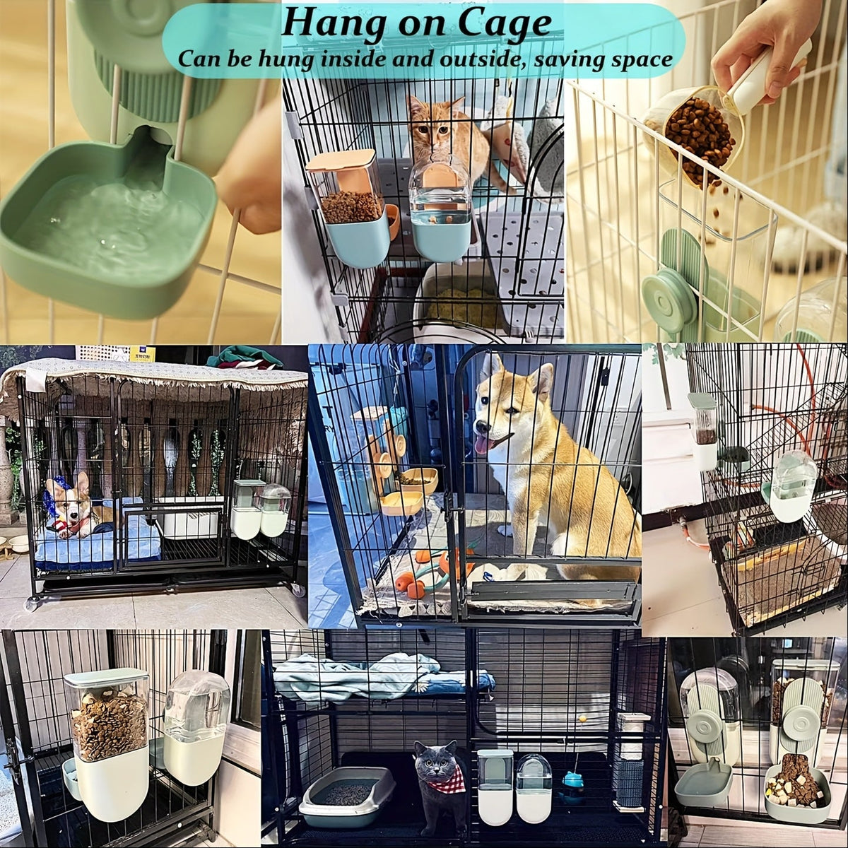 Hanging Cage Pet Feeder & Waterer Set 35oz - Auto Gravity Food & Water Dispenser for Cats Dogs Rabbits Chinchillas Ferrets Hedgehogs - Battery-Free Cage Mount Feeding Station for Small Animals (Green)