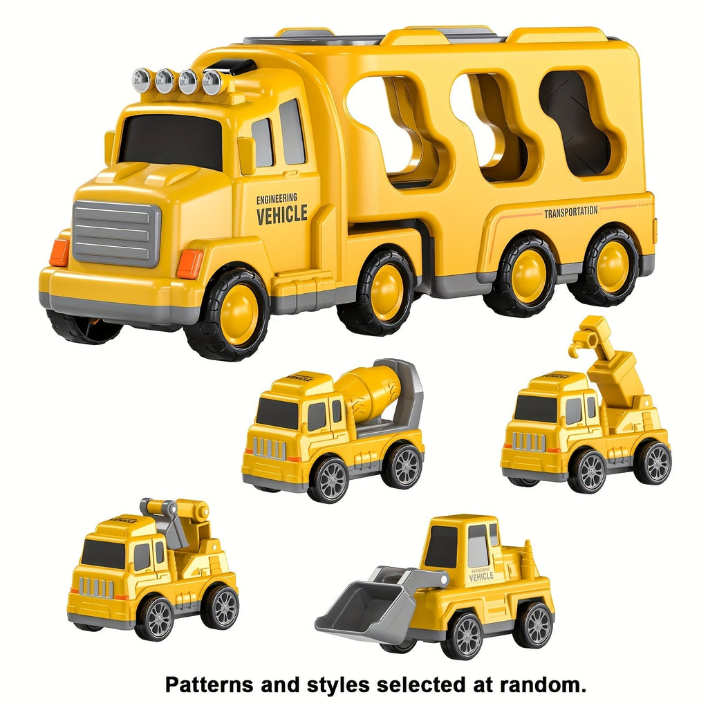 5-in-1 Engineering Vehicle Toy Set for Kids Ages 2+ - Friction Power Construction Trucks Playset with Transport Vehicle, Toddler Boys Gift for Birthday Christmas, Random Accessory Colors