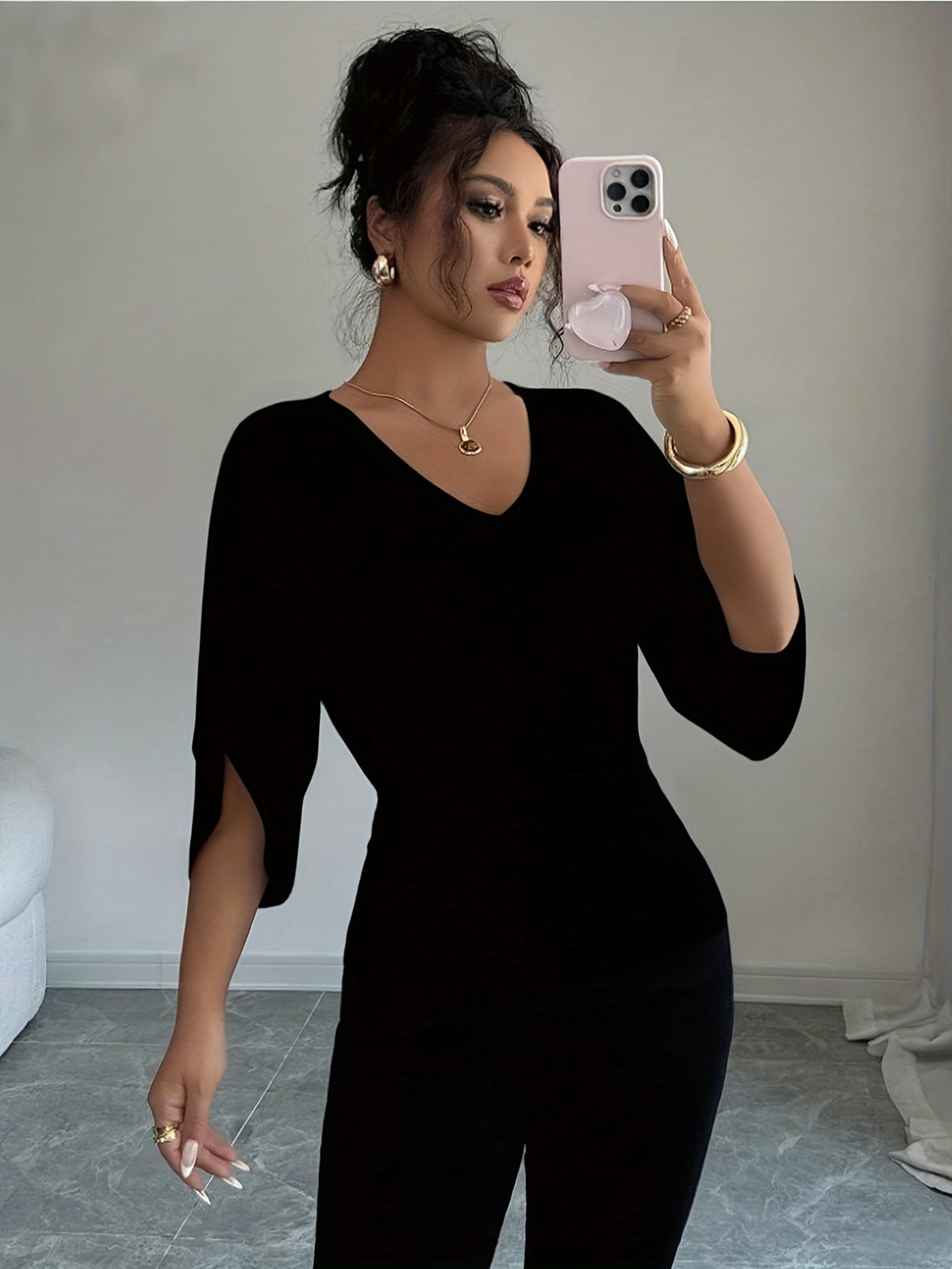 Women's V-Neck Batwing Sleeve Knit Top - Casual Loose Fit Three Quarter Sleeve High Waist T-Shirt Blouse for Spring Summer Fall, Versatile Mid-Length Pullover Top, White Black, Sizes XS-XL