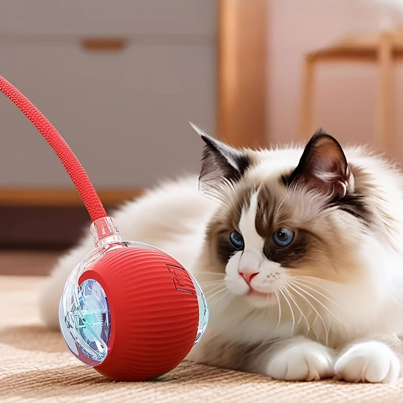 LED Rolling Cat Toy Ball with Tail Rope - Smart Self-Rolling Electric Interactive Ball for Cats & Puppies, Automatic Teasing Jumping Ball for Cat Exercise, Boredom Relief & Indoor Play