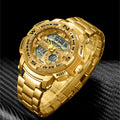 Men's Dual Display Sport Watch – Large Face LED Night Light, 3ATM Waterproof, Chronograph, Alarm & Calendar, Field Style Wristwatch in Gold & Silver