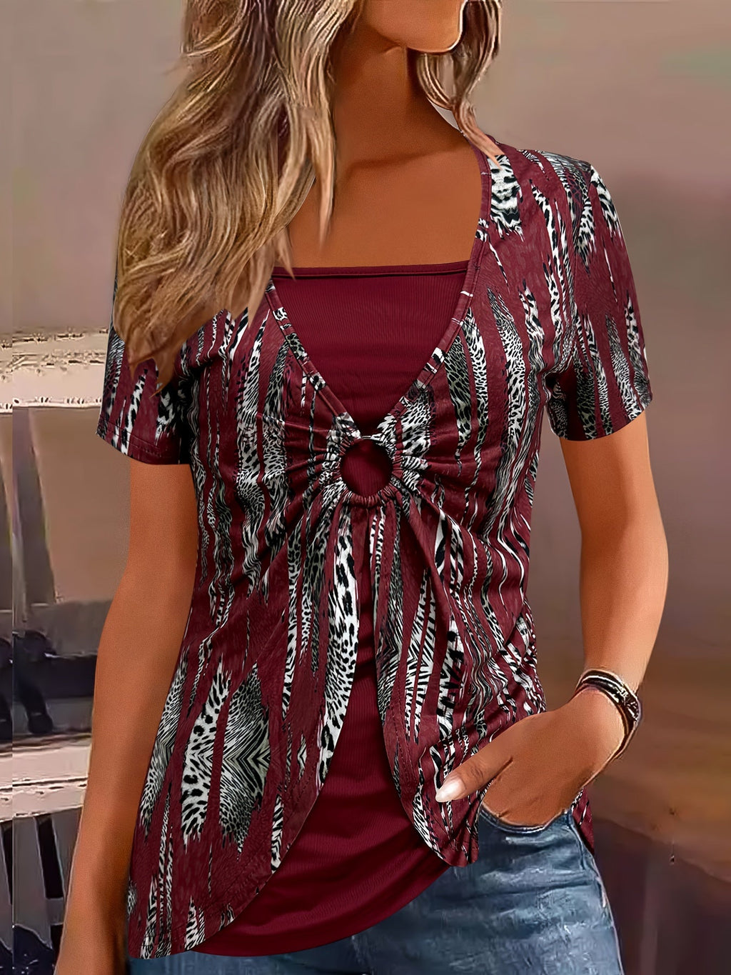 Women's Square Neck Paisley Print 2-in-1 Look T-Shirt Top – Casual Boho Daily Outing Layered Style Short Sleeve Summer Spring Fashion