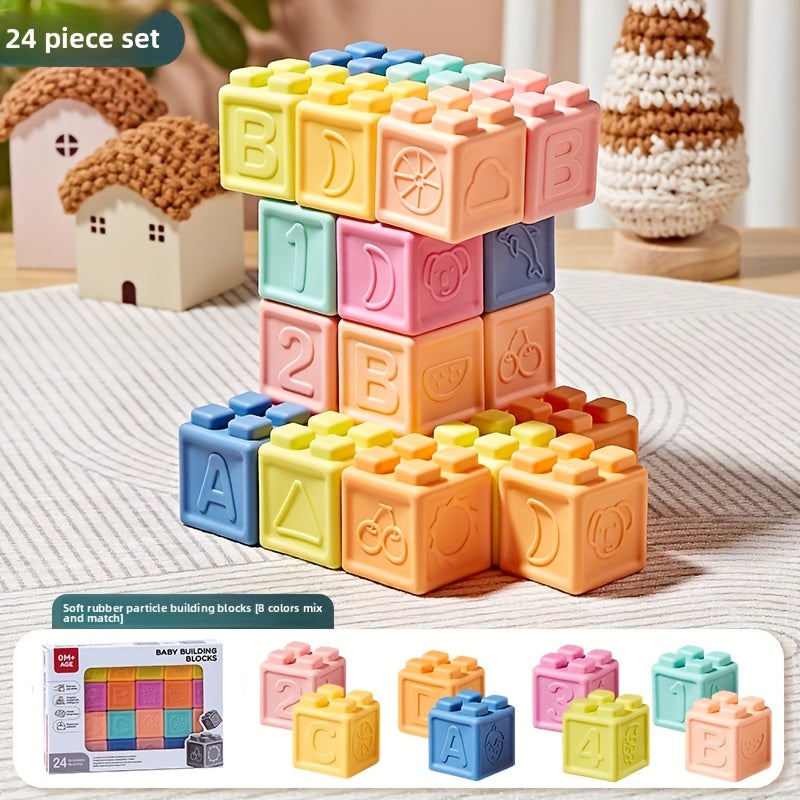 Soft Rubber Baby Building Blocks for Infants & Toddlers – Chewable BPA-Free Sensory Stacking Toy for Grasping & Cognitive Development – 16, 24 or 48 Pieces – Ages 0-6 Months, 6-12 Months & 1-2 Years