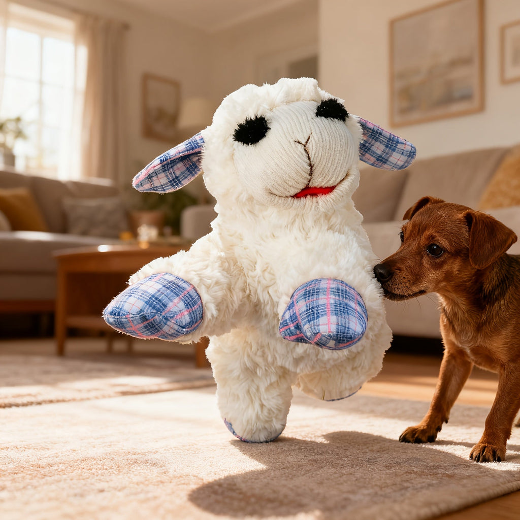 Squeaky Plush Dog Toy with 5 Built-In Squeakers – Calming Stuffed Pet Toy for Small & Medium Dogs, Blue & Red Checkered Fabric Design, Battery-Free No-Electric Anxiety Soothing Chew Toy for Gentle Breeds