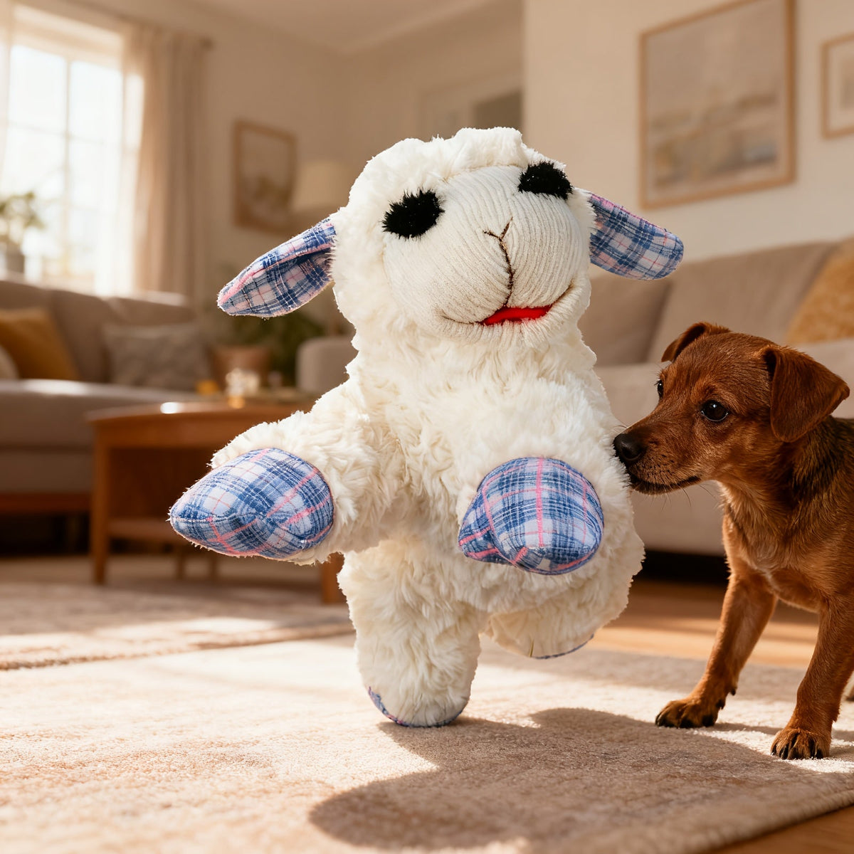Squeaky Plush Dog Toy with 5 Built-In Squeakers – Calming Stuffed Pet Toy for Small & Medium Dogs, Blue & Red Checkered Fabric Design, Battery-Free No-Electric Anxiety Soothing Chew Toy for Gentle Breeds
