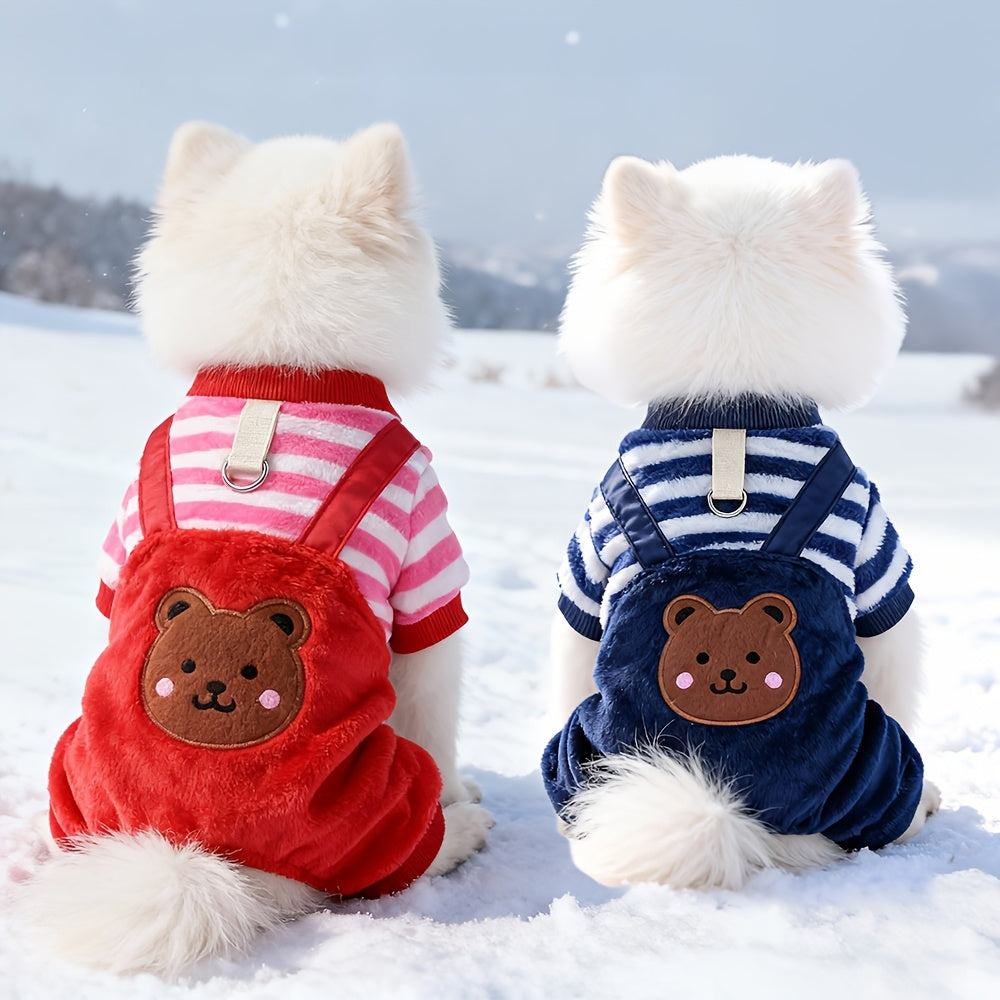 Dog Winter Fleece Overalls for Small Dogs & Cats – Cute Bear Embroidered Striped Jumpsuit, Warm Cold-Weather Pet Clothes with Leash Hole, Cozy Puppy & Kitten Outfit for Outdoor Walks