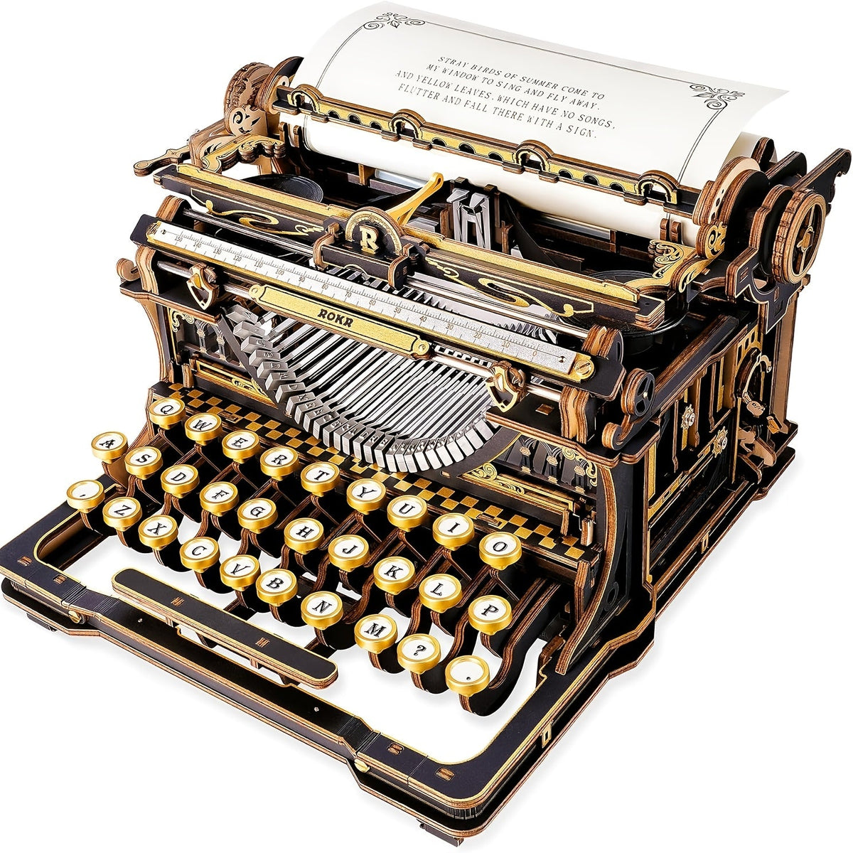 ROBOTIME 3D Wooden Mechanical Typewriter Model Kit - Vintage Retro Assembly Puzzle for Adults & Teens 14+, DIY Wood Craft Desktop Decor | Unique Gift Idea for Home Office | Black Gold & Fairy Tale Edition