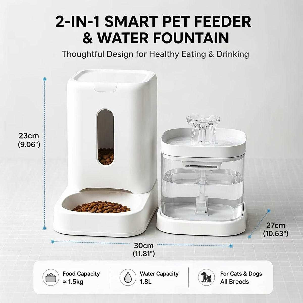 Automatic Pet Food & Water Dispenser 2-in-1 Set – 121oz Auto Cat Food Feeder + 60oz Water Fountain with No-Jam Design for Indoor Cats & Small Dogs