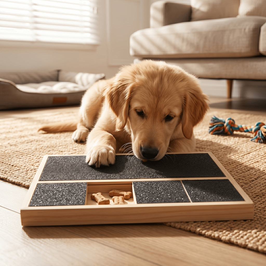 2-in-1 Wooden Dog & Cat Puzzle Feeder with Nail Filing Board – 6-Compartment Interactive Slow Feed Treat Dispenser & Scratch Pad for Small & Medium Pets, Behavior Enrichment & Mental Stimulation Toy