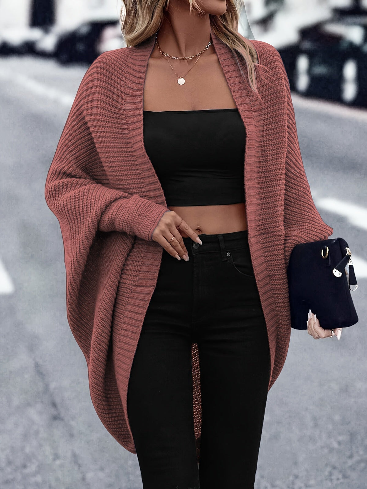Women's Oversized Open Front Knit Cardigan Coat Long Sleeve Batwing Solid Color Sweater Jacket Fall Winter Casual Elegant Outerwear S-XXL