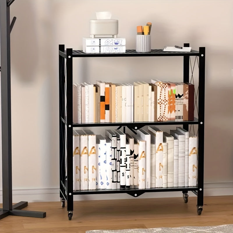 3-Layer Heavy Duty Foldable Metal Storage Rack with Wheels 750 LBS Capacity – Movable Rolling Shelving Unit for Garage, Kitchen, Warehouse & Home Organization, Black