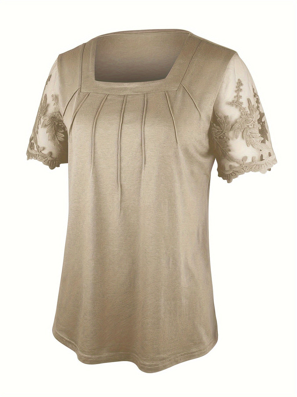 Women's Square Neck Short Sleeve Top – Solid Color Mesh Embroidery Lace Tunic, Elegant Casual Summer Blouse, Sizes S-XXL, Khaki