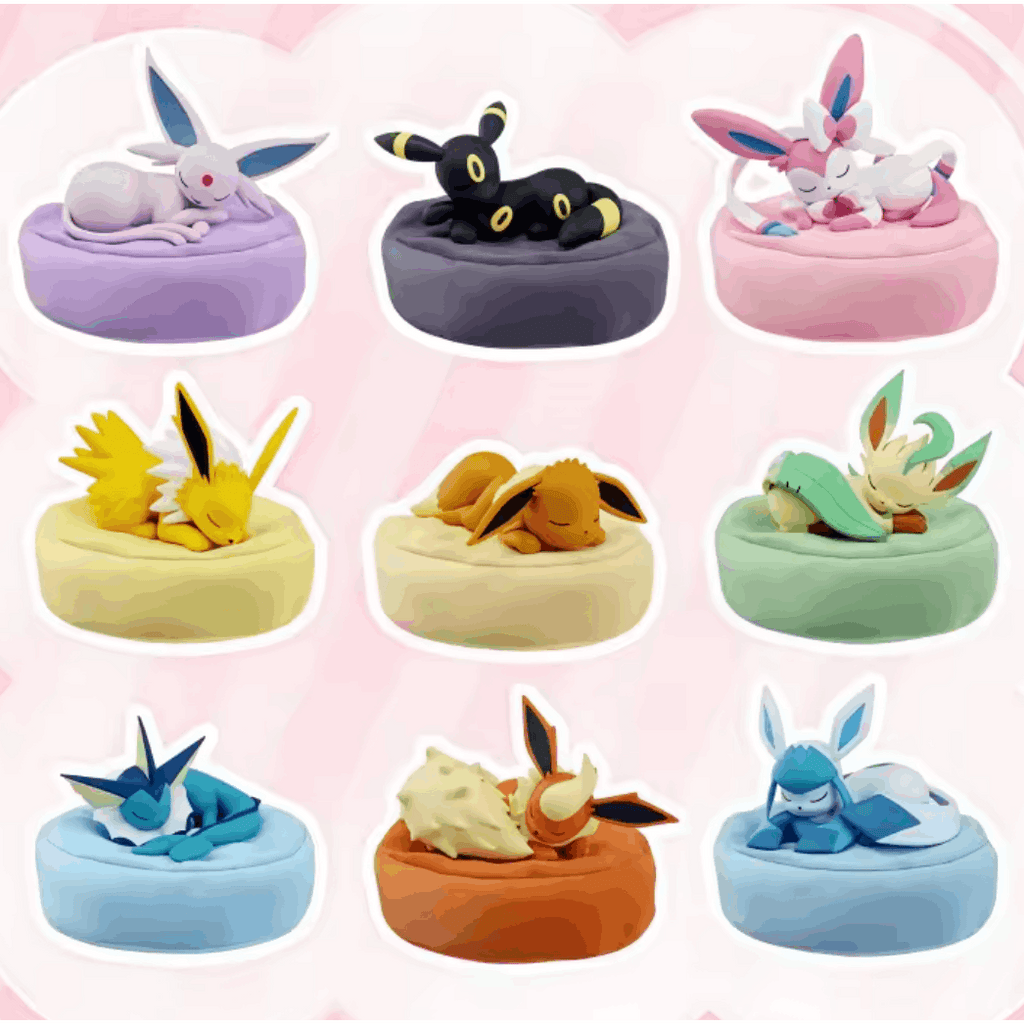 Pokemon Sleeping Eevee Full Set 9pc No Repeat – Vaporeon Flareon Jolteon Espeon Umbreon Leafeon Glaceon Sylveon Figures, Anime Collectible Toy Gift for Kids & Fans, Birthday Christmas Present