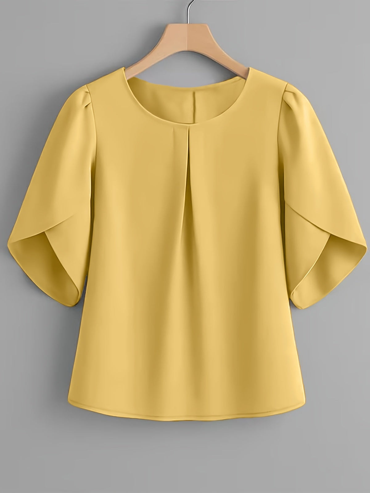 Women's Chest Pleated Ruffle Cuff Short Sleeve Blouse – Elegant Semi-Sheer 100% Polyester Woven Crew Neck Split Sleeve Fashion Shirt