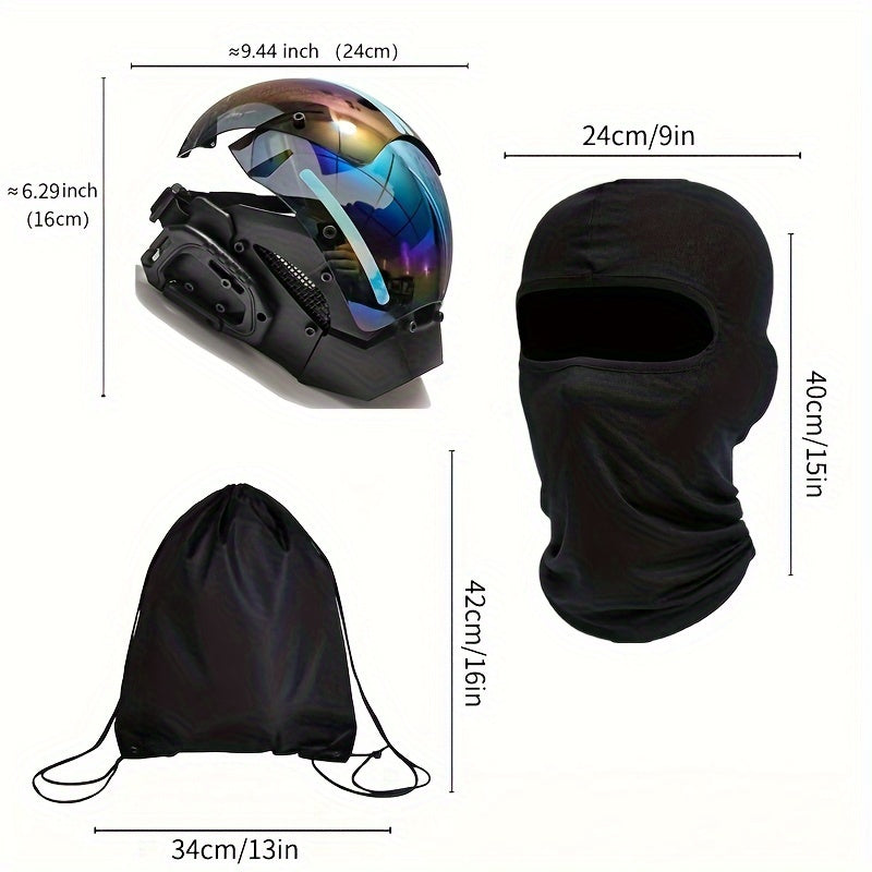 Futuristic Punk Mecha Mask Breathable Balaclava & Drawstring Backpack Set for Halloween Cosplay Rave Festival Stage Performance Photography
