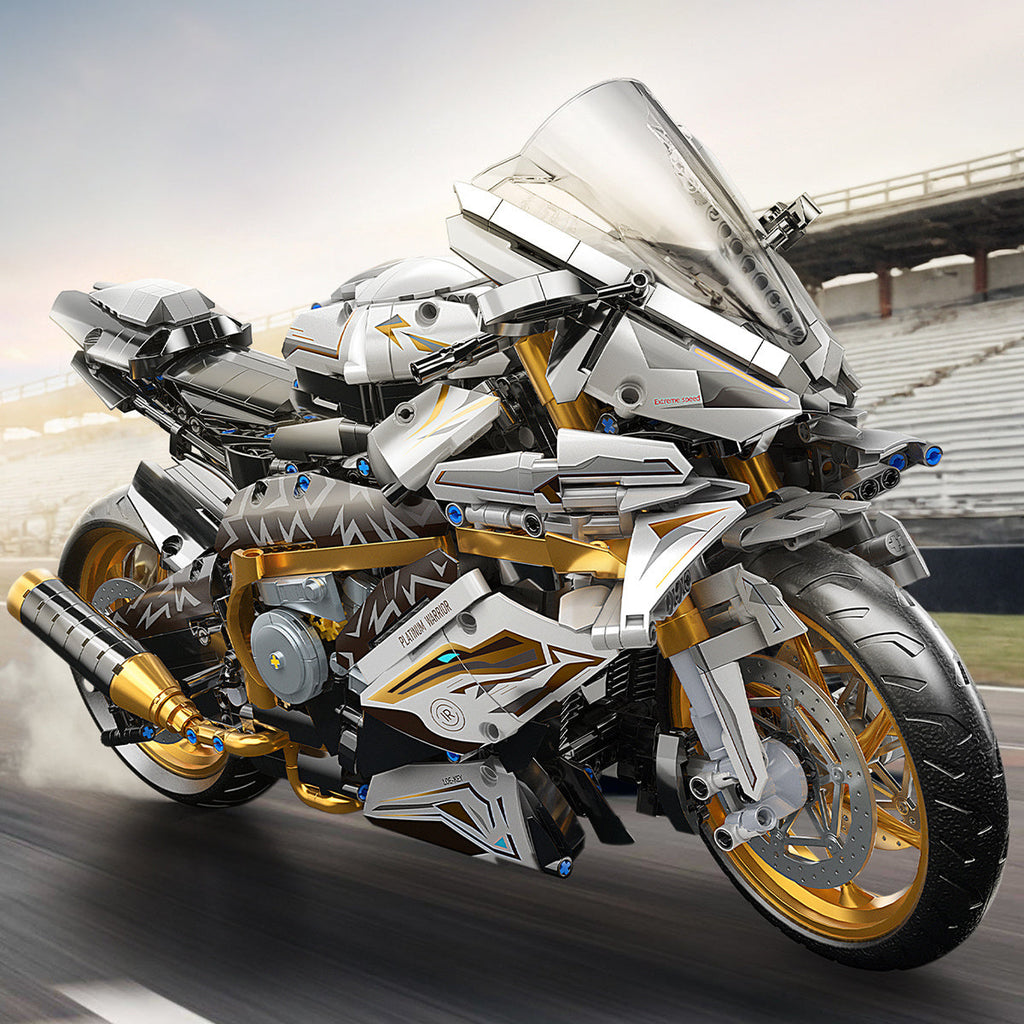 1:5 Scale Platinum Motorcycle Building Blocks Model - 2000+ Pieces, Easy Assembly, Gold & White Display Model, Cool Gift for Men, Adults & Teens for Birthday, Christmas & Holiday