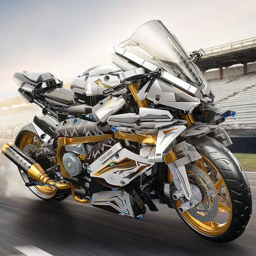 1:5 Scale Platinum Motorcycle Building Blocks Model - 2000+ Pieces, Easy Assembly, Gold & White Display Model, Cool Gift for Men, Adults & Teens for Birthday, Christmas & Holiday