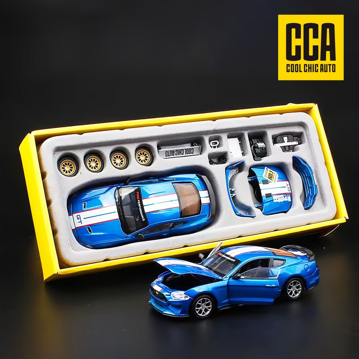 1:42 Scale Ford Mustang GT 2018 Die-Cast Model Car - Blue Zinc Alloy Collectible with Opening Doors, DIY Interchangeable Accessories, Pull-Back Function, Gift for Car Enthusiasts Boys and Adults