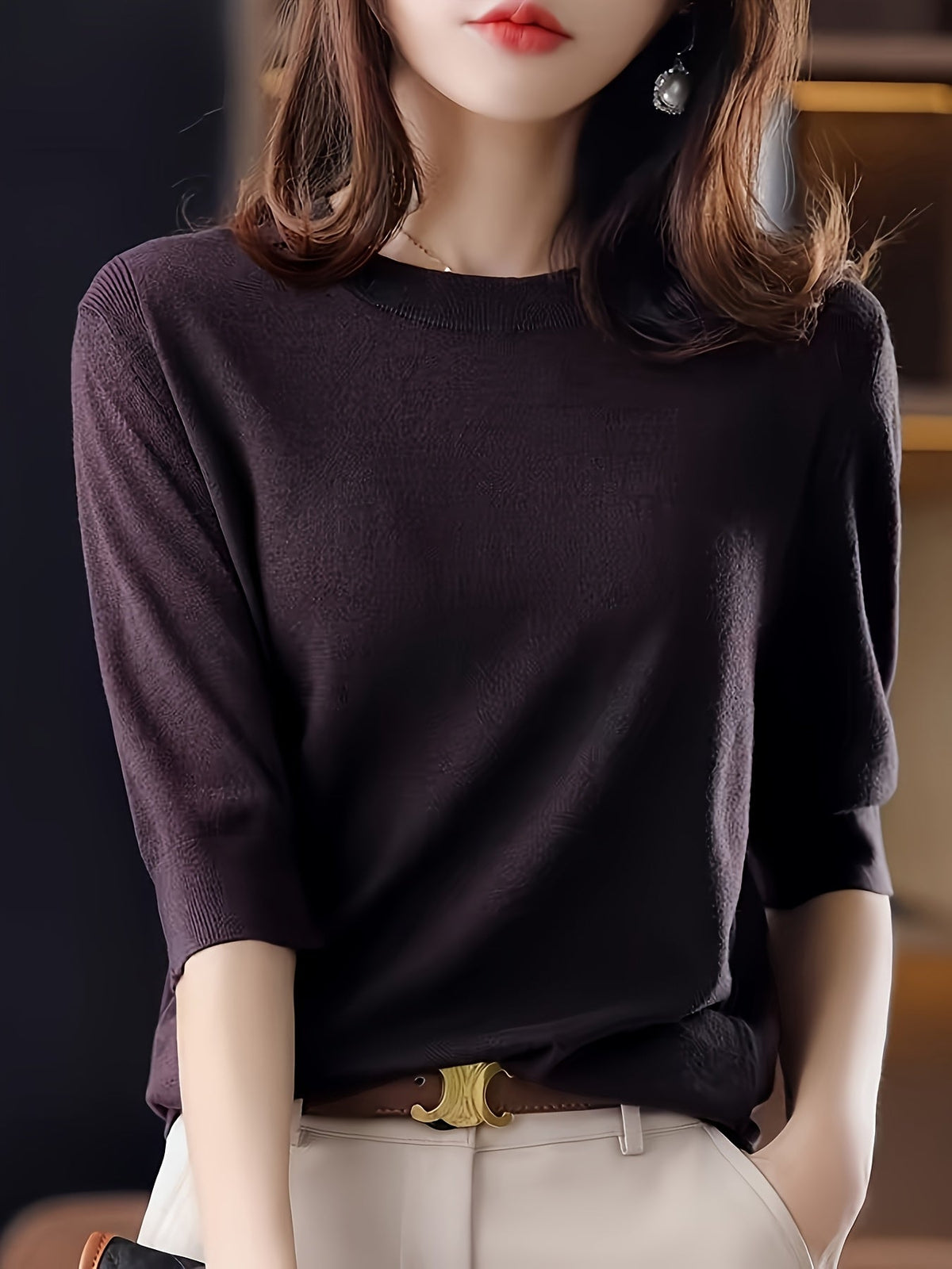 Women's Crew Neck 3/4 Sleeve Shirt Vintage Elegant Base Layer Top High Elasticity Smooth Solid Color Spring Autumn Casual Blouse Coffee Black Green Claret S M L XL XXL