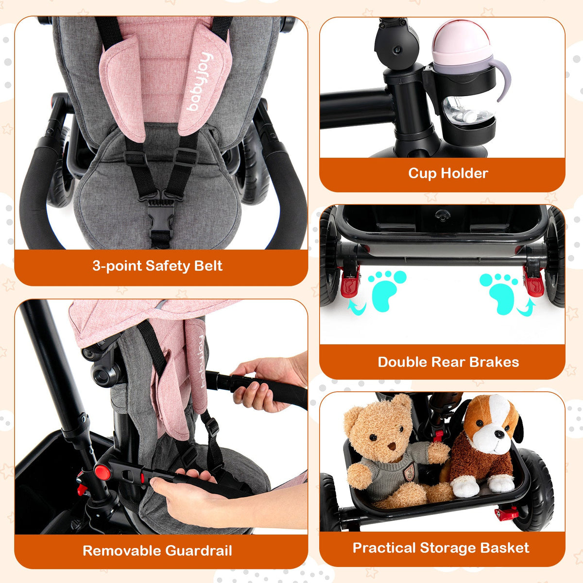 4-in-1 Toddler Tricycle with Adjustable Push Handle & Convertible Seat, Removable Canopy, Safety Harness & Storage Basket - Baby Push Trike for Kids 18 to 60 Months, Pink Ride On Bike Gift for Girls