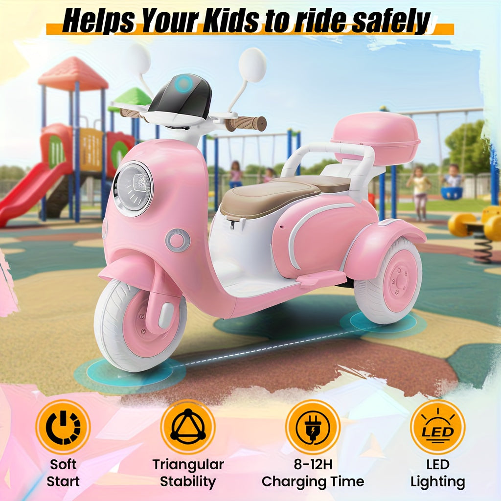 12V Kids Ride-On Motorcycle 3-Wheel Moped 2-Seater Electric Car with Dual Motor, Horn, LED Lights, Large Storage Box – Battery Powered Bike for Boys Girls Ages 3-8, Best Christmas Birthday Gift