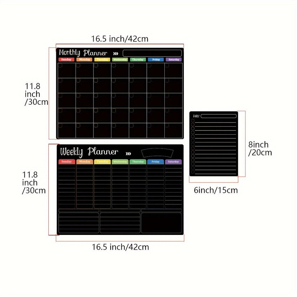 Hivillexun Black Magnetic Dry Erase Board Set of 3 – Monthly, Weekly & Daily Planner Boards for Refrigerator & Wall, Family Organizer Calendar with 8 Dry Erase Markers Included