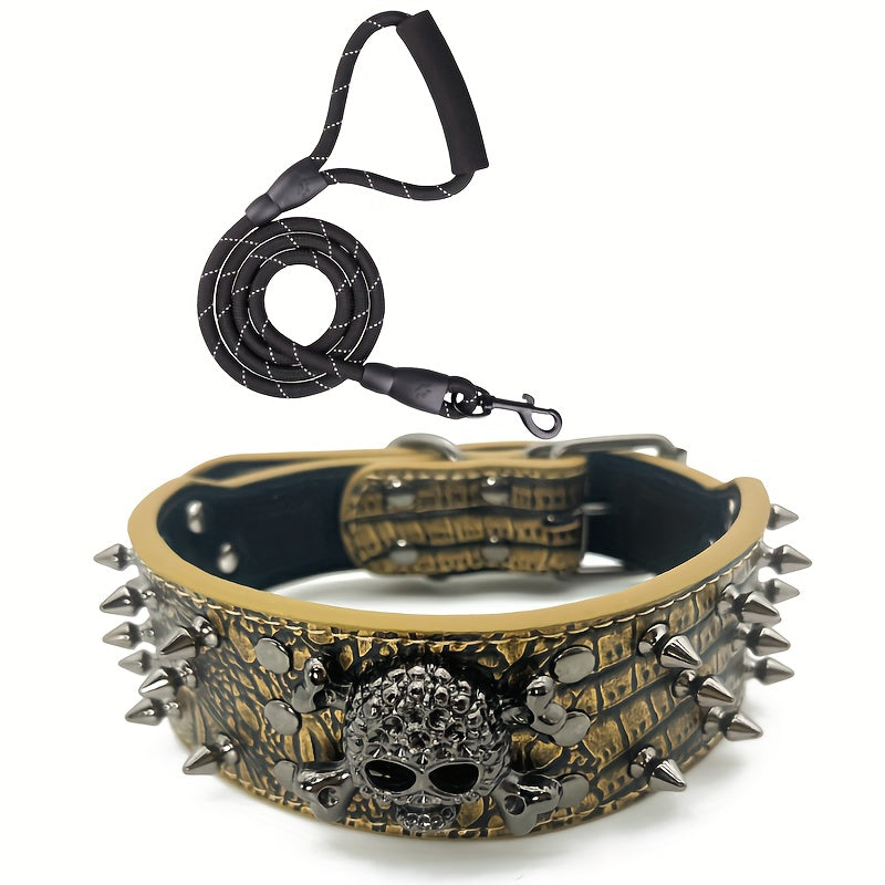 Spiked Studded Dog Collar with Leash Set – Rivet PU Leather Dog Collar for Training & Walking, Punk Rock Style Collar for Small Medium Large Dogs, Adjustable Heavy Duty with Metal Buckle