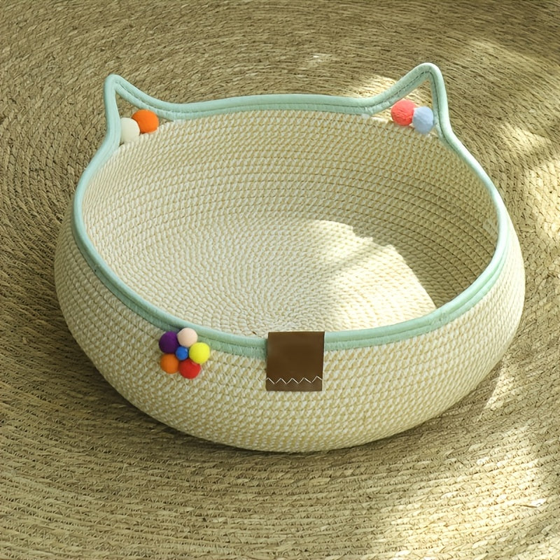 2-in-1 Cat Scratching Board & Bed Combo with Ball Toy – Durable Reusable Cardboard Scratcher Mat, Space-Saving Natural Style Cat Furniture for Indoor Cats, Small Dogs & Multi-Pet Households