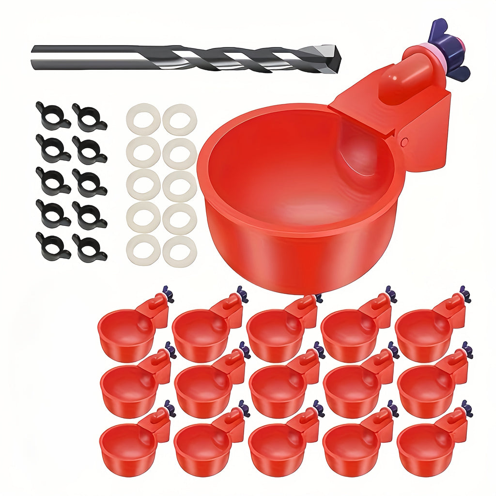 Poultry Automatic Waterer Set 16-Pack Self-Filling Chicken Duck Bird Feeding Bowls with Drill & Holder Integrated Self-Stop Float Valve – Durable PP No Battery Required