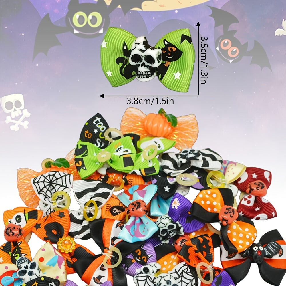 20pcs Halloween Dog Hair Bows with Rubber Bands – 40mm Yorkie Puppy Grooming Ribbons in Mixed Colors & Patterns – Cute Holiday Pet Hair Accessories for Small Dogs & Cats