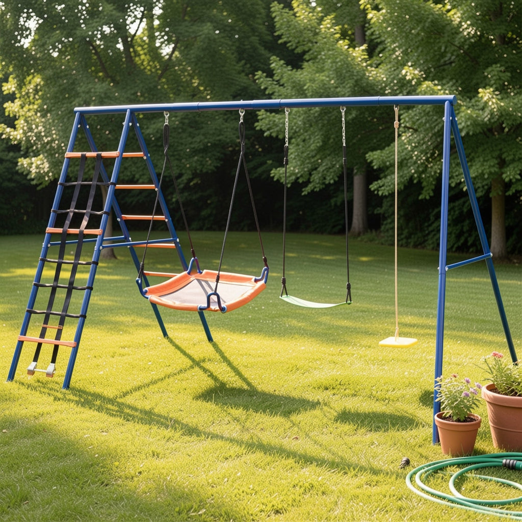 6-in-1 Outdoor Swing Set for Kids, 550LBS Heavy Duty A-Frame Backyard Swing Set with Adjustable Seats & Ground Stakes - Convertible Climbing Frame, Trapeze Bar & Multiple Attachments for Children Ages 3-12