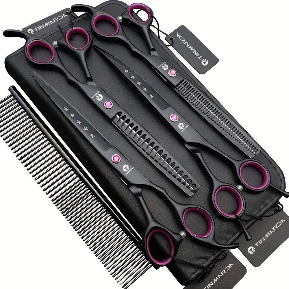 7 Inch Professional Dog Grooming Scissors Set 4-Piece Straight Thinning Curved Chunkers with Comb & Case 6CR Stainless Steel Sharp Durable Pet Grooming Shears Black