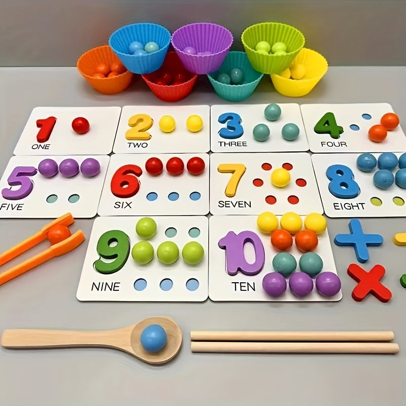 Wooden Number Counting Math Learning Toy Set with Colored Beads Matching Cards Cognitive Skills Clutch Bead Operation Training for Boys Girls Ages 3+ Birthday Christmas Gift