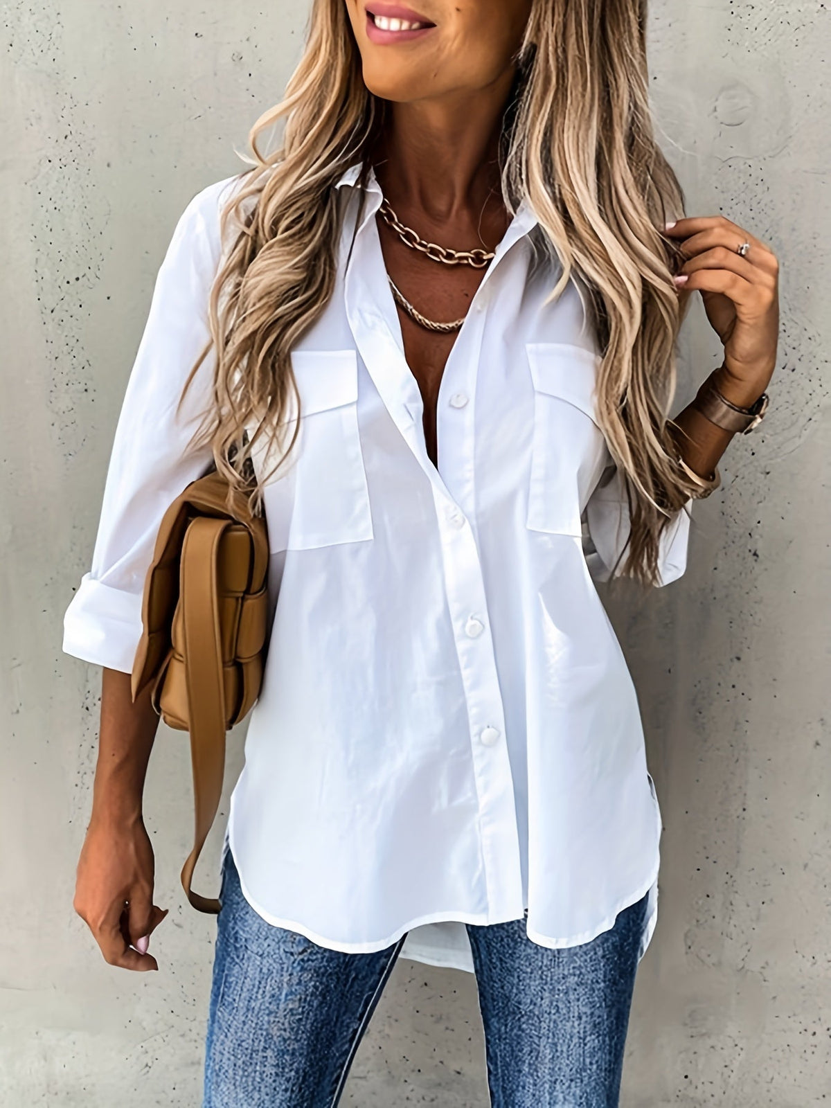 Women's Solid Color Button-Front Long Sleeve Shirt – Collared Woven Stretch Blouse for Office Business Casual Everyday Wear