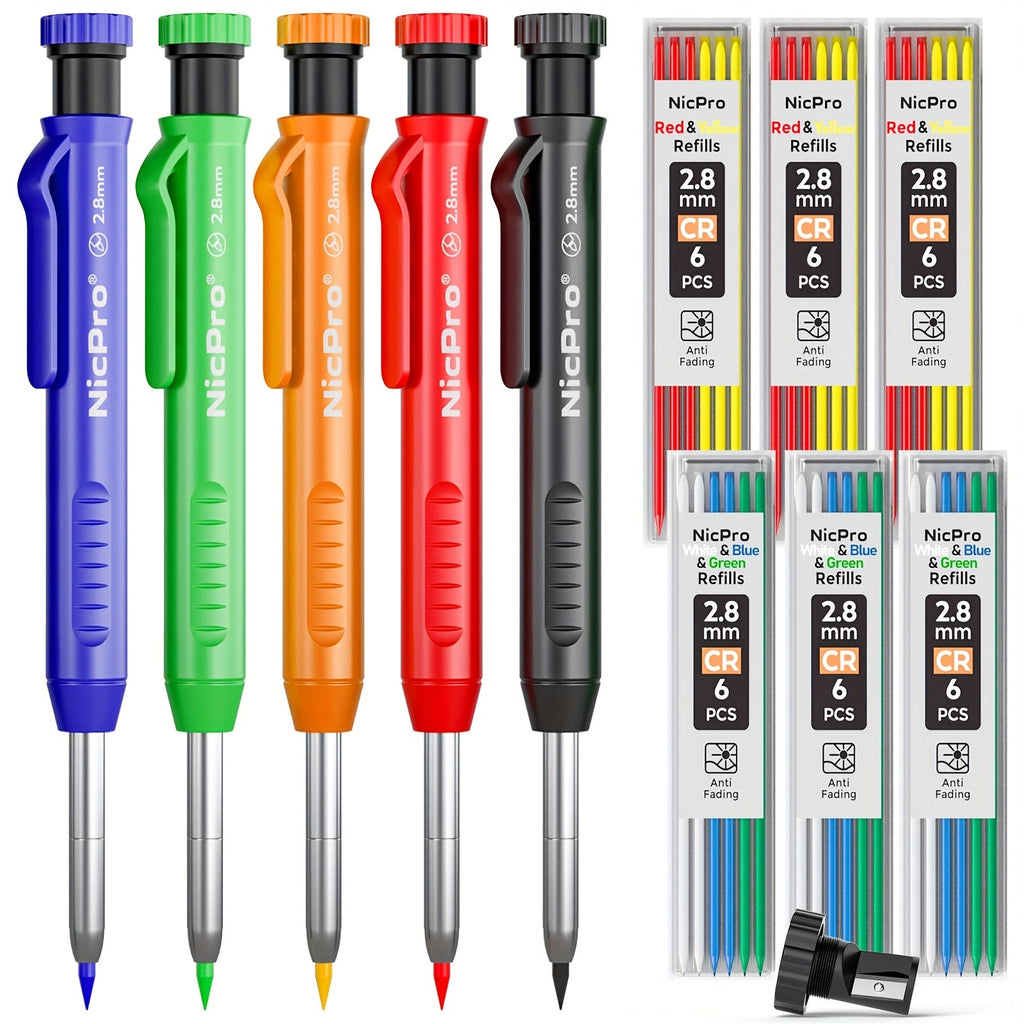 Carpenter Pencil Set with Sharpener & Refills, Heavy Duty Mechanical Woodworking Pencils for Construction, Drafting & Marking, Flat Pencils with Portable Case – 2, 3, 4 or 6 Piece Sets Available