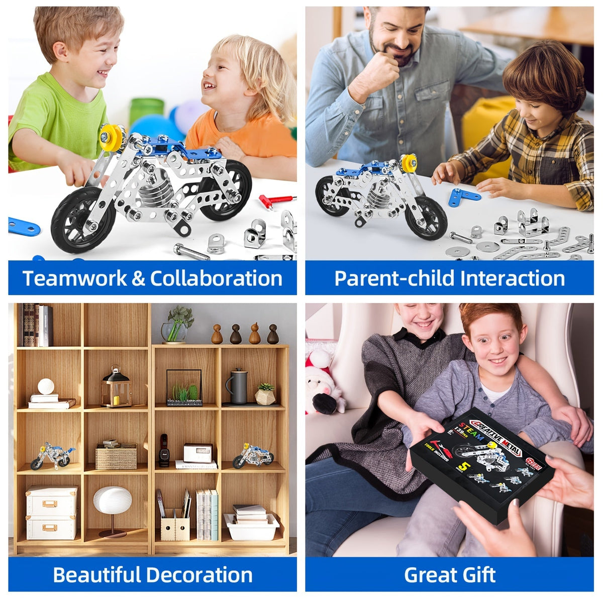Metal Erector Set Motorcycle STEM Building Kit 139 Pieces for Kids Age 8+, 5-in-1 Multi-Shape Motorbike Construction Model Toy, STEAM Educational Engineering Gift for Boys Girls Teens